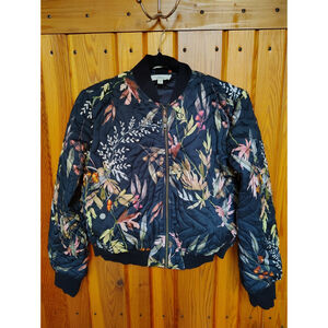 Elan Olive Leaf Bomber Jacket Women S Black Quilted Floral Zip Front Lightweight